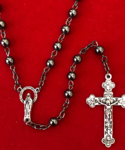 Alternative view of ROSARY - Hematite Bead with Cross separators touched to over 600 relics