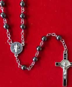 Alternative view of Rosary: St Benedict Hematite Bead touched to over 600 relics