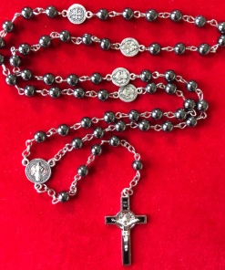 Rosary: St Benedict Hematite Bead touched to over 600 relics
