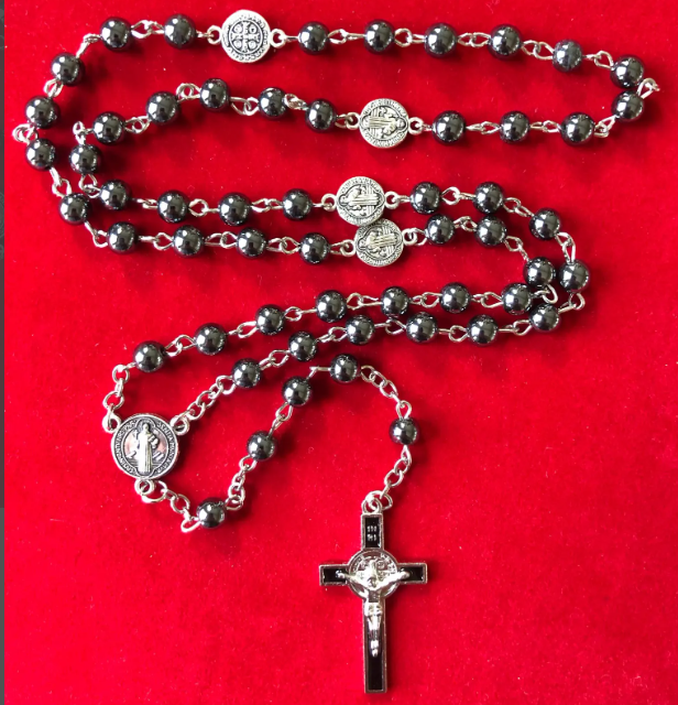 Rosary: St Benedict Hematite Bead touched to over 600 relics